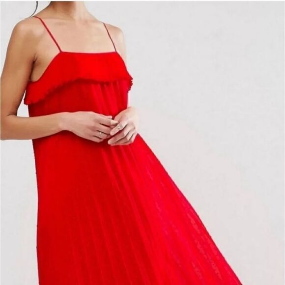 NEW Free Generation Micro Pleat Swiss Dot Ruffle Maxi Dress in Red Size Small - Picture 9 of 12